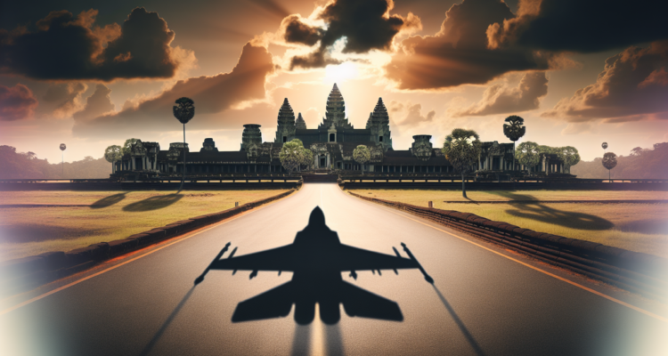 alt_text: Bayangan jet tempur melintas di atas kuil Angkor Wat pada langit cerah.