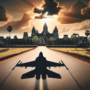 alt_text: Bayangan jet tempur melintas di atas kuil Angkor Wat pada langit cerah.