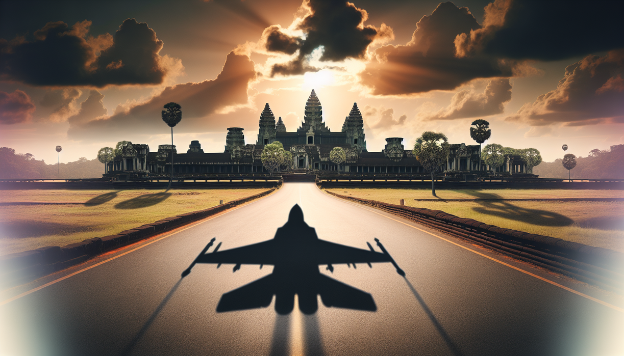Bayang Jet Tempur di Atas Angkor Wat alt_text: Bayangan jet tempur melintas di atas kuil Angkor Wat pada langit cerah.
