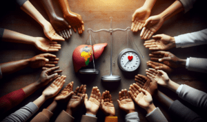 alt_text: Ilustrasi donor hati global dengan elemen cinta dan dilema moral dalam pengorbanan.