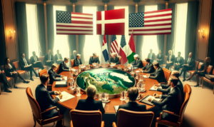 "alt_text": "Pertemuan diplomatik terkait ekonomi dan lingkungan antara Denmark, AS, dan Greenland."