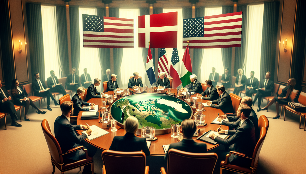 "alt_text": "Pertemuan diplomatik terkait ekonomi dan lingkungan antara Denmark, AS, dan Greenland."