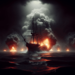 alt_text: Kapal di Laut Hitam terbakar, dikelilingi asap tebal akibat serangan, langit gelap mengintai.