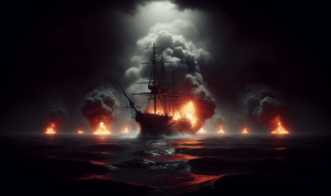 alt_text: Kapal di Laut Hitam terbakar, dikelilingi asap tebal akibat serangan, langit gelap mengintai.