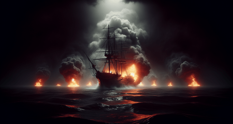 alt_text: Kapal di Laut Hitam terbakar, dikelilingi asap tebal akibat serangan, langit gelap mengintai.