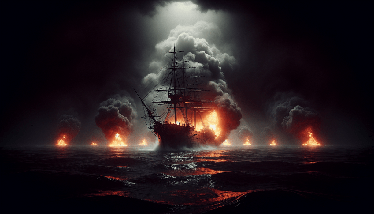 alt_text: Kapal di Laut Hitam terbakar, dikelilingi asap tebal akibat serangan, langit gelap mengintai.