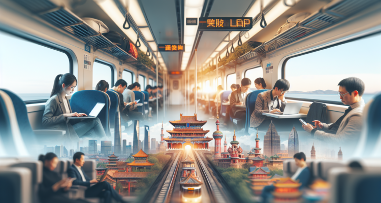 alt_text: Kereta Budaya Harbin–Mohe digambarkan dengan elemen loncatan bisnis online dan teknologi.