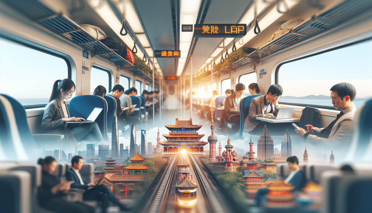 alt_text: Kereta Budaya Harbin–Mohe digambarkan dengan elemen loncatan bisnis online dan teknologi.