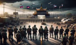 "alt_text": "Krisis perbatasan Kamboja-Thailand, situasi tegang dengan militer berjaga."