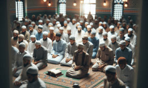 alt_text: Jamaah mendengarkan khutbah Jumat Rajab, momen menyucikan hati dengan pesan Islami.