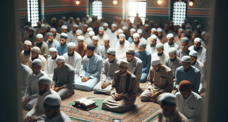 alt_text: Jamaah mendengarkan khutbah Jumat Rajab, momen menyucikan hati dengan pesan Islami.