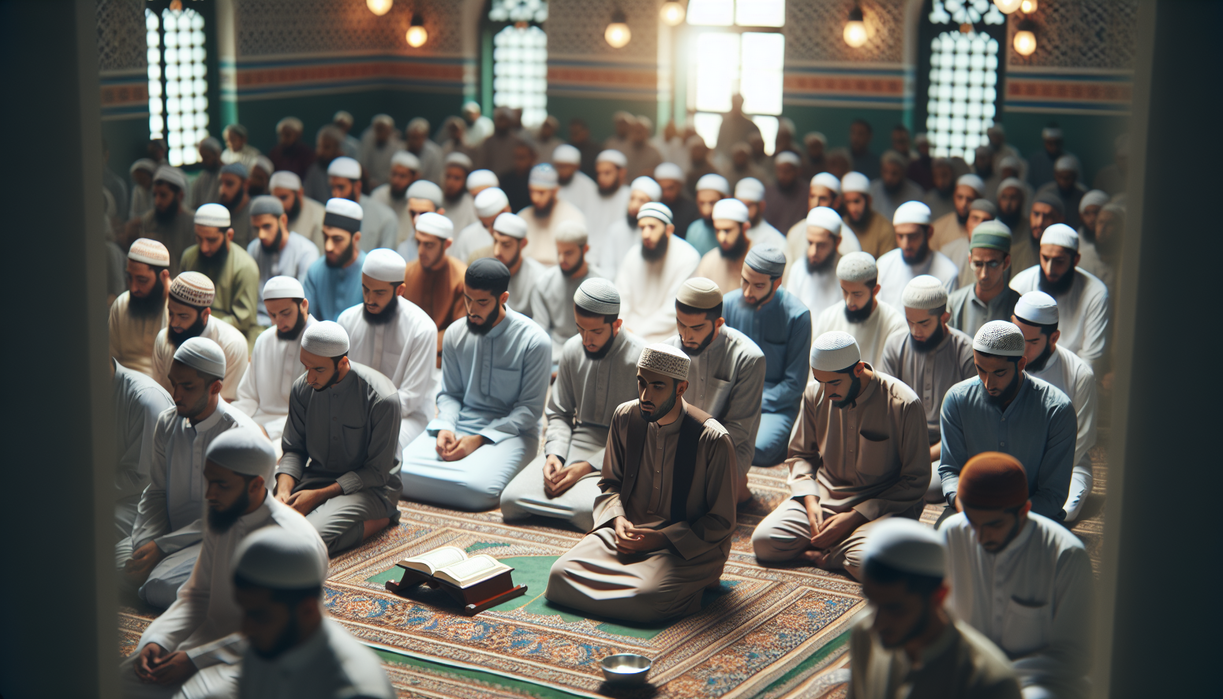 alt_text: Jamaah mendengarkan khutbah Jumat Rajab, momen menyucikan hati dengan pesan Islami.