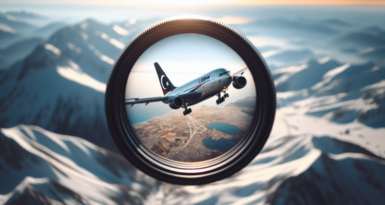 alt_text: Pesawat Libya dengan tanda hitam terbang melewati langit Turki, menandai jejak globalnya.