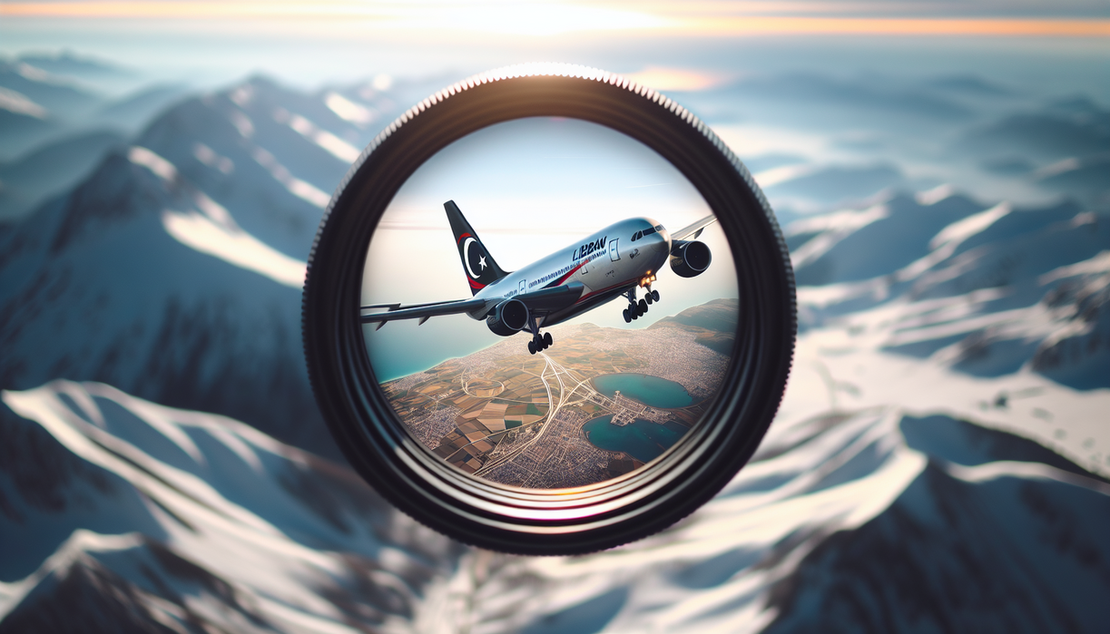 alt_text: Pesawat Libya dengan tanda hitam terbang melewati langit Turki, menandai jejak globalnya.