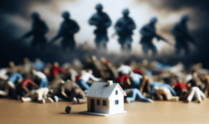 alt_text: Rumah minimalis berdiri kokoh di tengah latar belakang gejolak politik global.