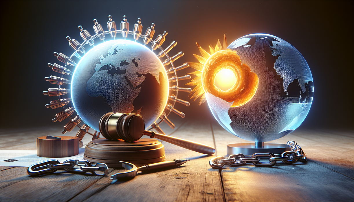 Sure, here's the alt text: "Sanksi AS, ICC, dan perubahan dalam tata hukum global pasca konflik."