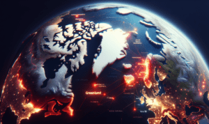 alt_text: Peta Greenland dengan sorotan geopolitik dan skema pembiayaan untuk eksplorasi es.