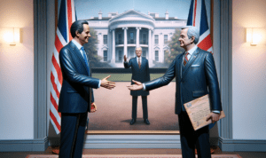 alt_text: "Pertemuan di Inggris bahas kebijakan Trump terkait perdamaian di Gaza."