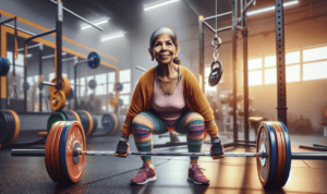 alt_text: Lansia angkat beban, atasi radang lutut dengan latihan kekuatan dan semangat juang.