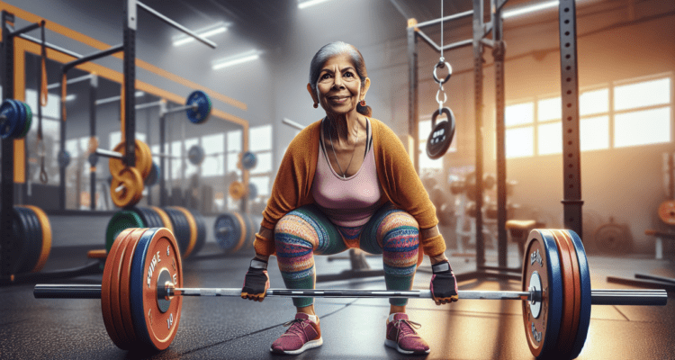 alt_text: Lansia angkat beban, atasi radang lutut dengan latihan kekuatan dan semangat juang.