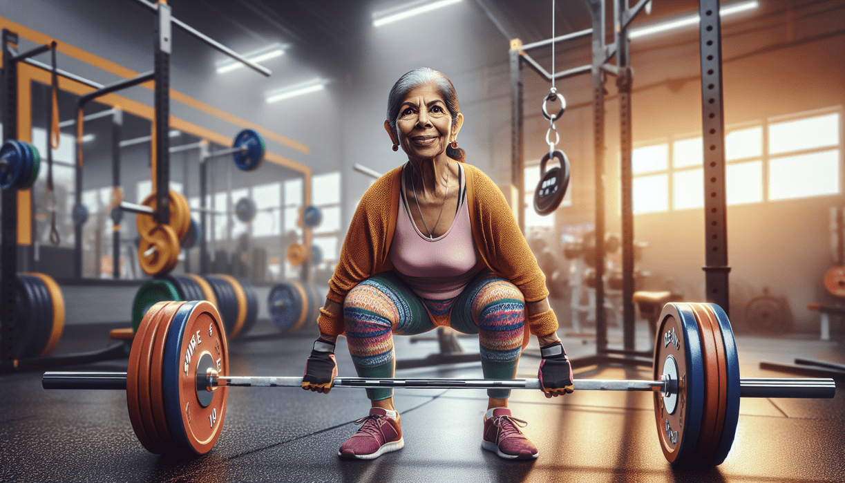 alt_text: Lansia angkat beban, atasi radang lutut dengan latihan kekuatan dan semangat juang.