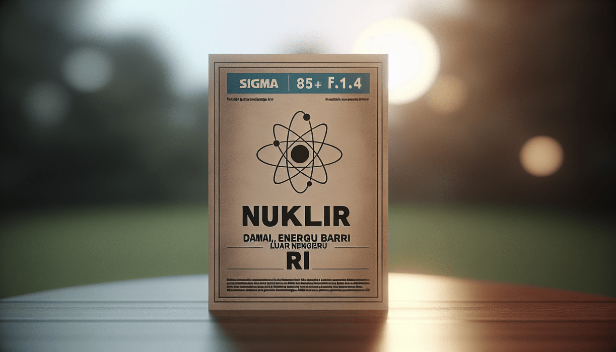 alt_text: Poster bertuliskan "Nuklir Damai, Energi Baru Politik Luar Negeri RI" dengan simbol atom.