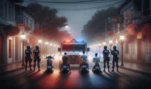 alt_text: Patroli malam menghentikan dan membubarkan aksi balap liar di jalanan sepi.