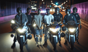 alt_text: Polisi bubarkan balap liar di malam hari, mengamankan lokasi dan pelaku.