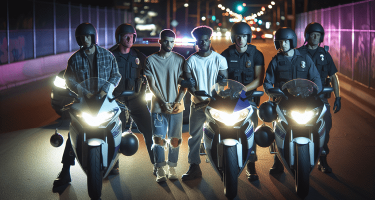 alt_text: Polisi bubarkan balap liar di malam hari, mengamankan lokasi dan pelaku.