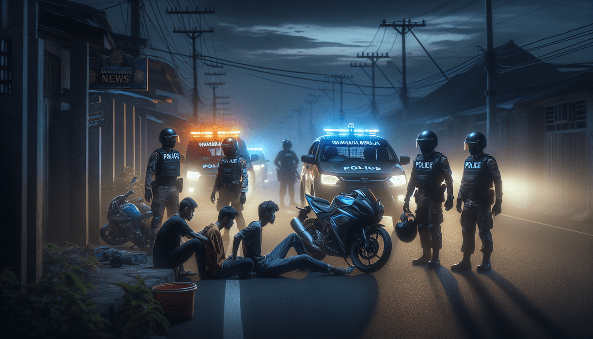 alt_text: Patroli malam menggagalkan jebakan untuk balap liar di jalanan sepi.