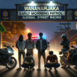 alt_text: Petugas membongkar perlengkapan balap liar saat patroli dini hari di jalan sepi.