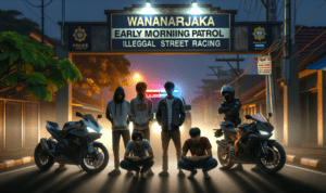 alt_text: Petugas membongkar perlengkapan balap liar saat patroli dini hari di jalan sepi.
