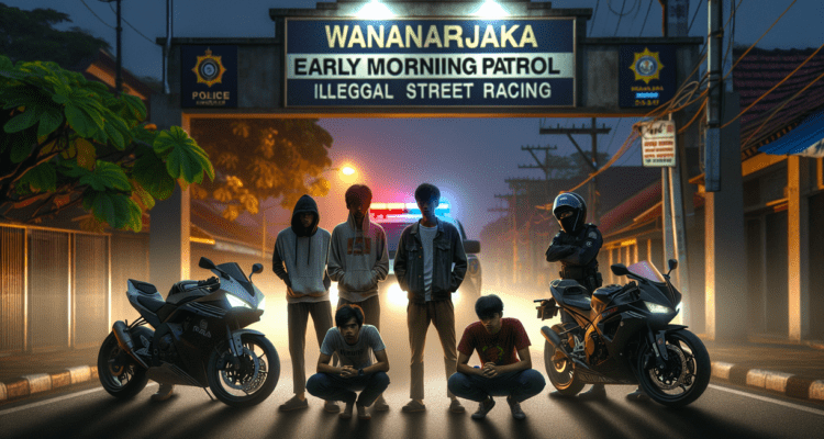 alt_text: Petugas membongkar perlengkapan balap liar saat patroli dini hari di jalan sepi.