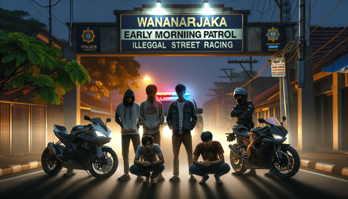 alt_text: Petugas membongkar perlengkapan balap liar saat patroli dini hari di jalan sepi.