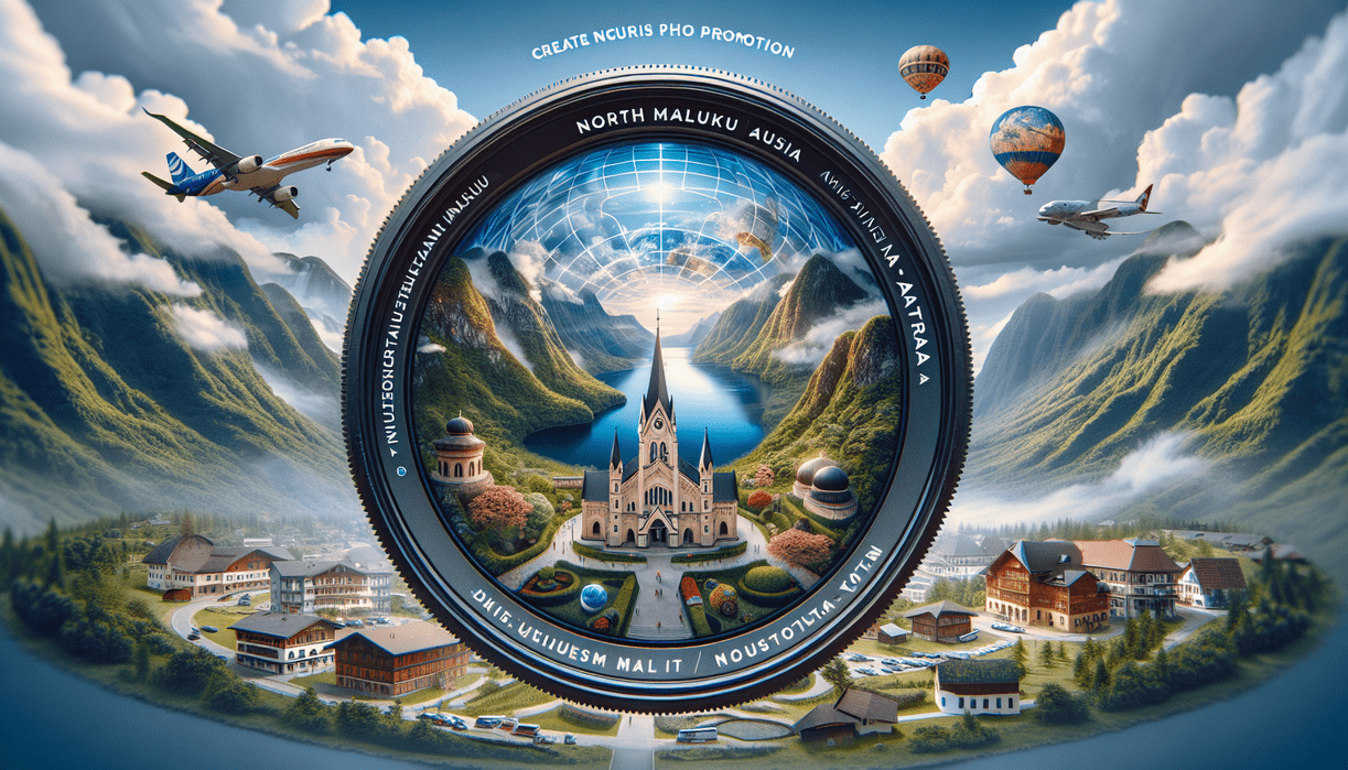 Travel Vokasi: Saat Maluku Utara Dirayu Austria alt_text: Poster promosi pariwisata, kolaborasi Maluku Utara dan Austria, menggambarkan keindahan alam.