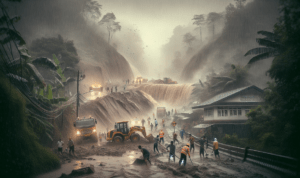 alt_text: Longsor di Sukaresmi tutup jalan, warga bersatu bantu evakuasi dan buka akses darurat.