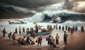 "alt_text": "Perahu terbalik di Karang Papak, tim SAR evakuasi korban dalam tragedi liburan."