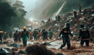 alt_text: Longsor di Sukaresmi menghalangi jalan, warga bersatu gotong royong untuk membersihkan.