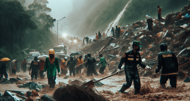 alt_text: Longsor di Sukaresmi menghalangi jalan, warga bersatu gotong royong untuk membersihkan.