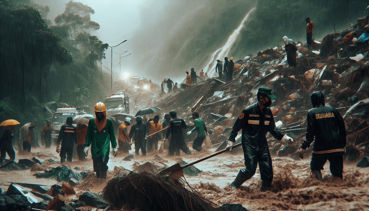 alt_text: Longsor di Sukaresmi menghalangi jalan, warga bersatu gotong royong untuk membersihkan.