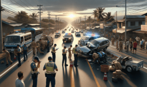 Alt_text: Mobil menabrak pagar saat menghindari pejalan kaki di Bayongbong.