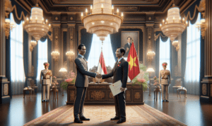 alt_text: Logo kerjasama RI-Vietnam, simbol dua negara dengan nuansa persahabatan dan kemitraan.