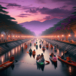 alt_text: Orang-orang berkanol di irigasi Tangerang saat ngabuburit, suasana Islami dan seru.