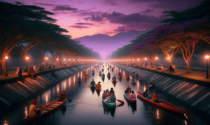 alt_text: Orang-orang berkanol di irigasi Tangerang saat ngabuburit, suasana Islami dan seru.