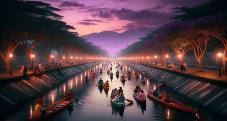 alt_text: Orang-orang berkanol di irigasi Tangerang saat ngabuburit, suasana Islami dan seru.