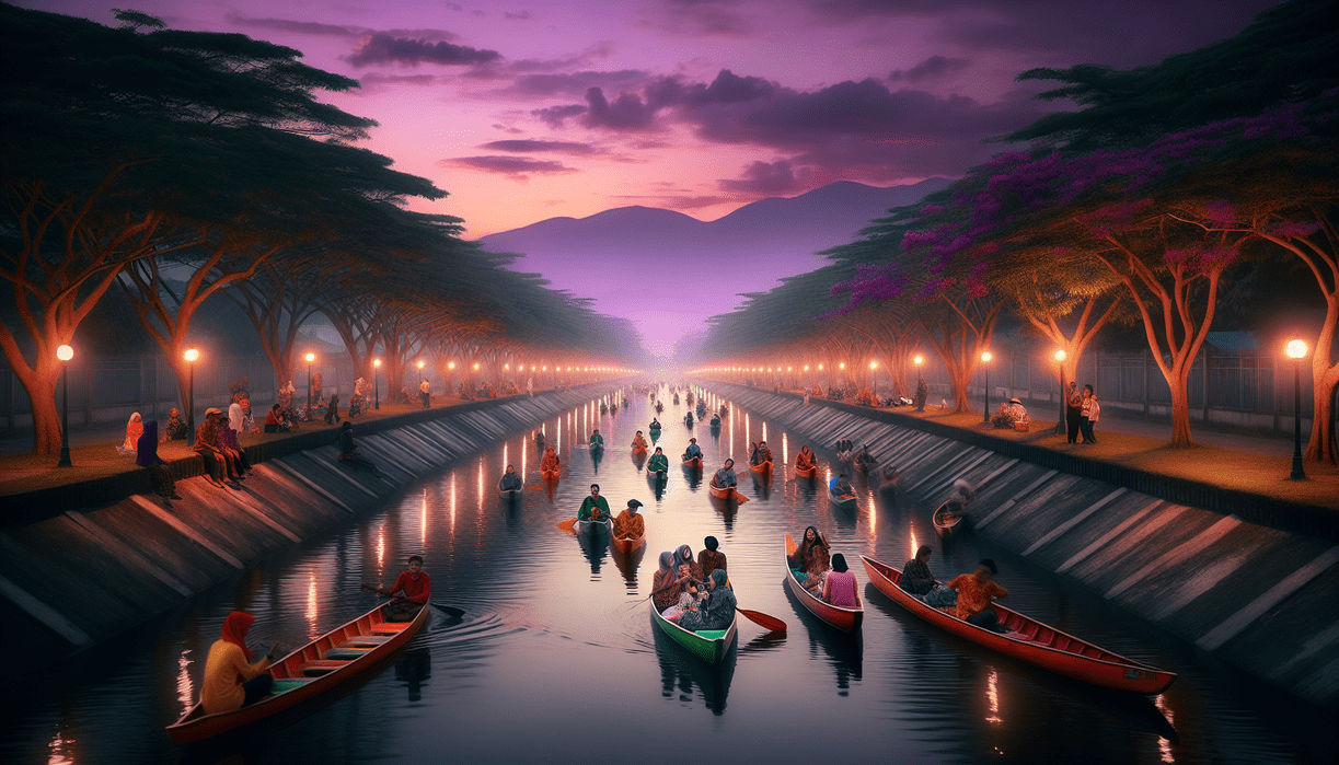 alt_text: Orang-orang berkanol di irigasi Tangerang saat ngabuburit, suasana Islami dan seru.