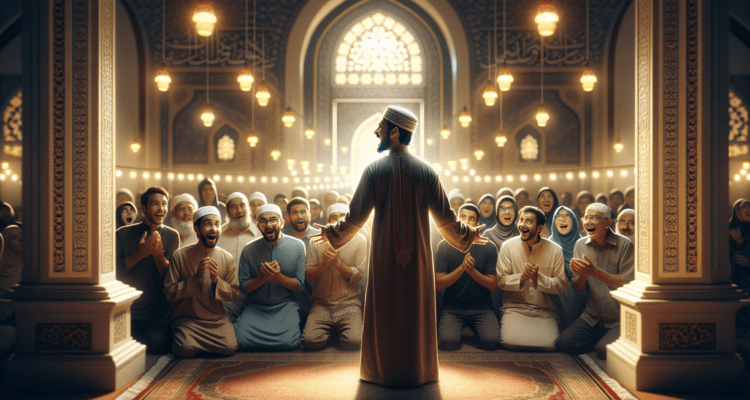 alt_text: Malam Islami di Masjid Salim Kamil, suasana haru dengan jamaah berdoa bersama.