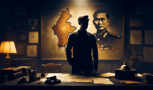 "alt_text": "Pasukan elit militer Myanmar berbaris dalam upacara resmi, melangkah menuju kepemimpinan politik."