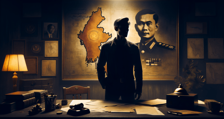 "alt_text": "Pasukan elit militer Myanmar berbaris dalam upacara resmi, melangkah menuju kepemimpinan politik."