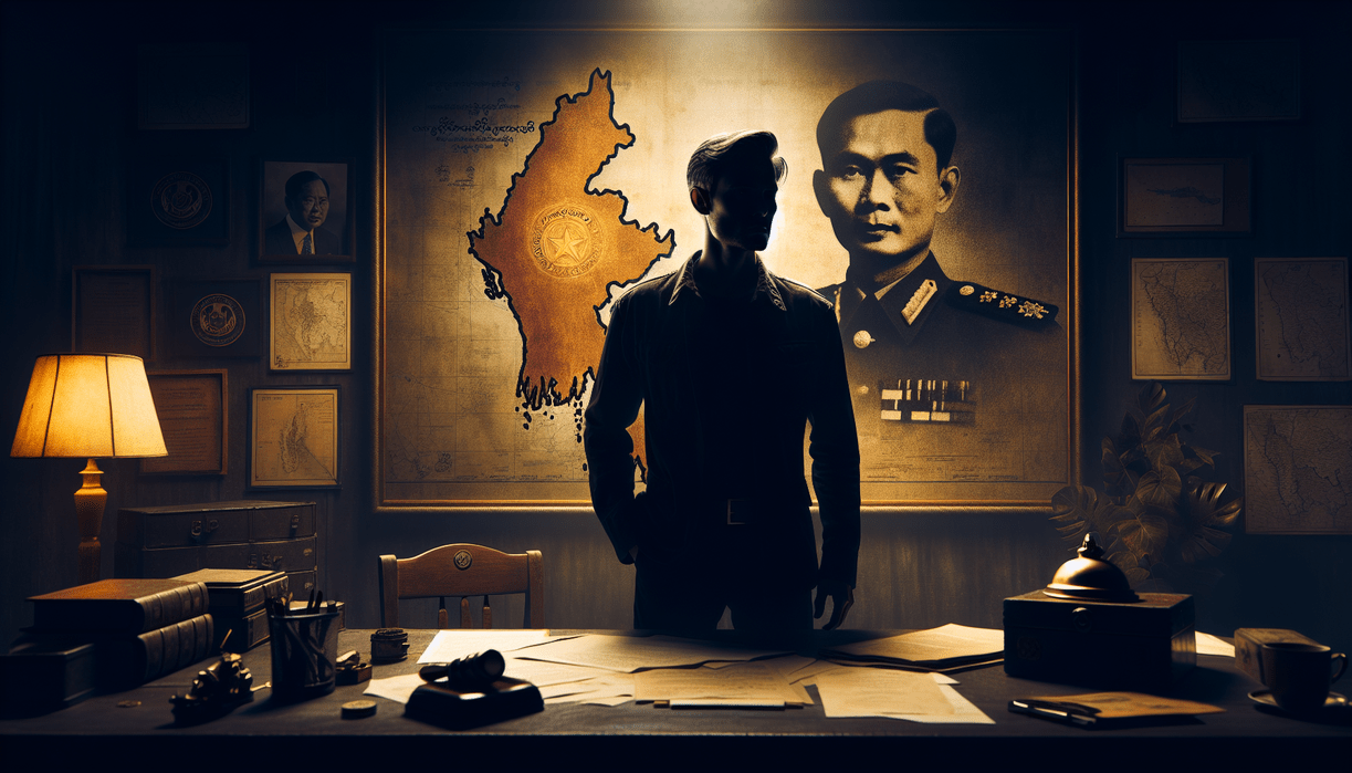 "alt_text": "Pasukan elit militer Myanmar berbaris dalam upacara resmi, melangkah menuju kepemimpinan politik."